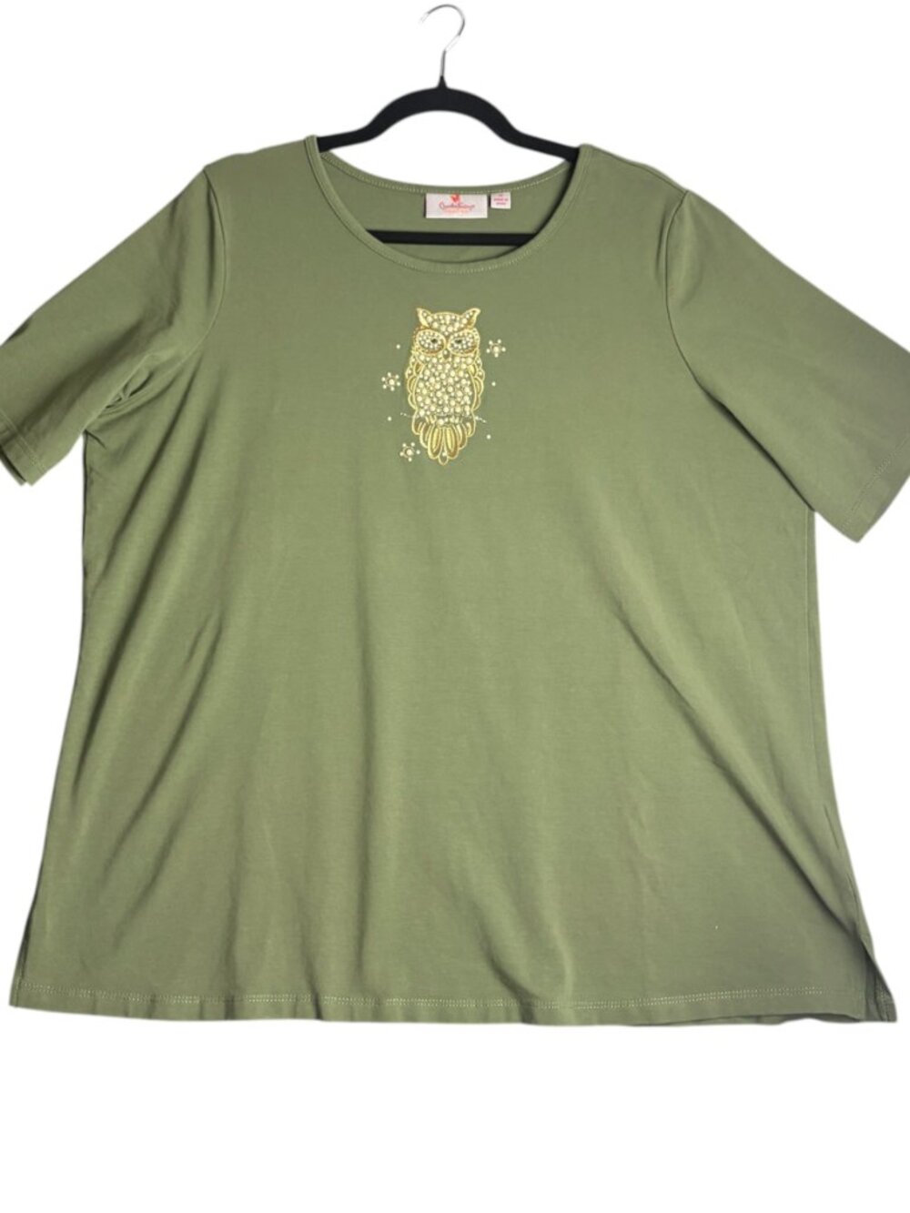 Quacker Factory Size 1x T Shirt Olive Green Pearl Beaded Owl Embellished Whimsy